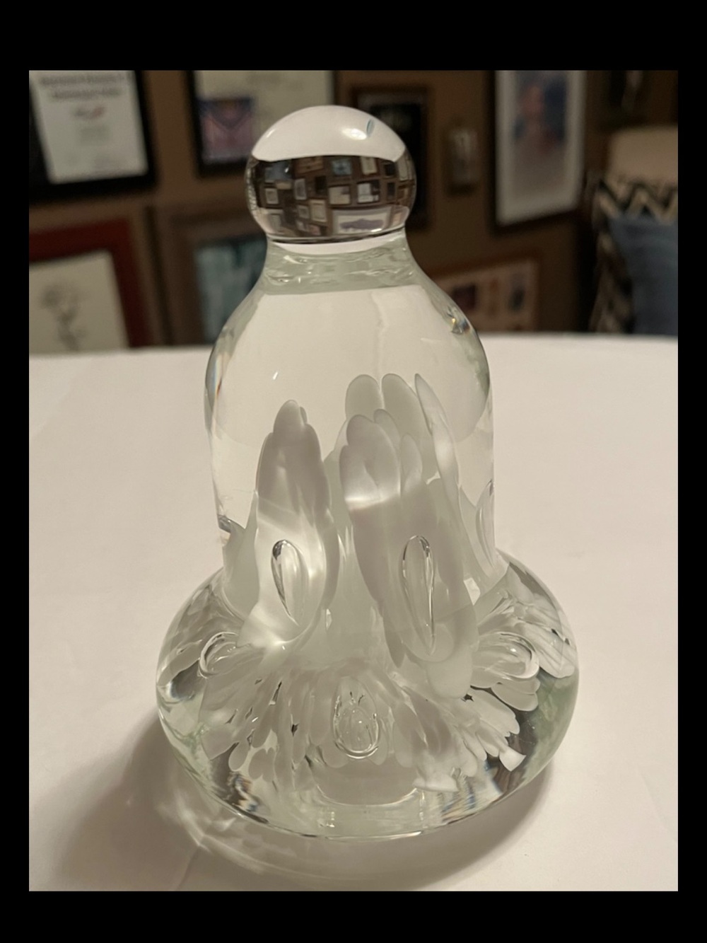 Signed Joe Rice 2000 Bell Paperweight White Flowers Controlled Bubbles Art Glass